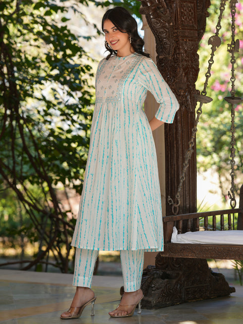 White Pure Cotton Tie & Dye Mirror Work A-line Kurta Pant Set